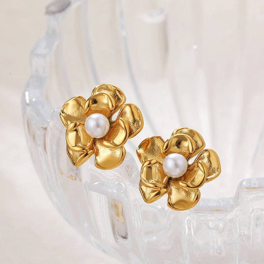 Flora Flower Stud Earrings in Gold with Faux Pearl Centre