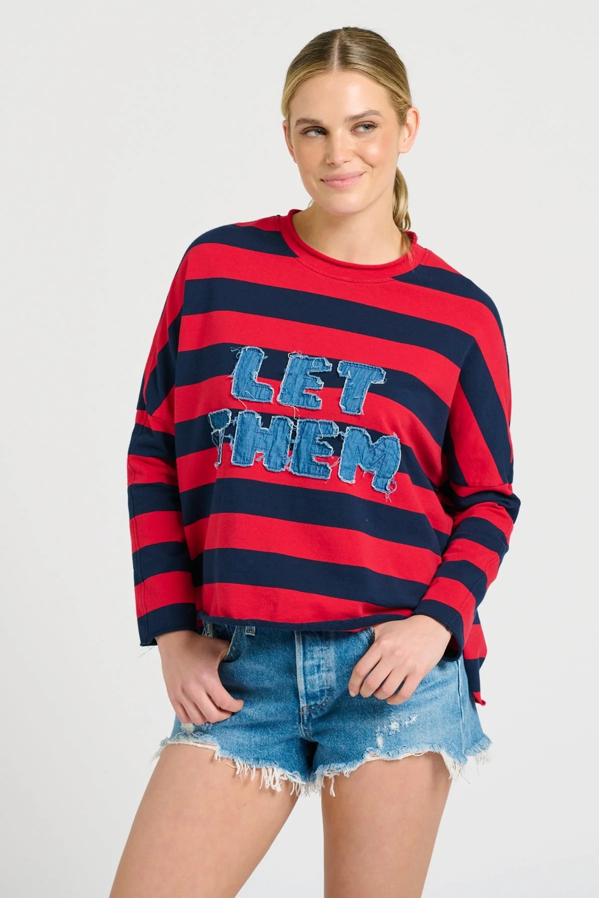 Shirty X EST Raw LET THEM Long Sleeve Sweatshirt - Red & Navy Stripe