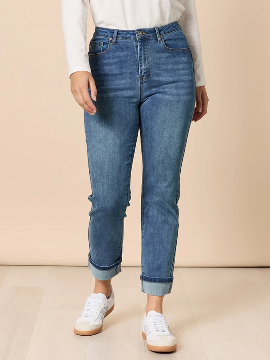 women’s high rise straight leg jeans with cuffed hem