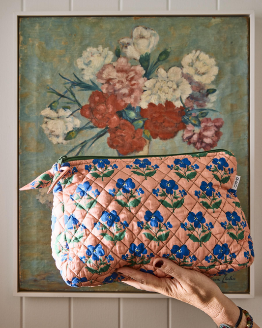 Kip&Co pink quilted makeup bag with blue flowers