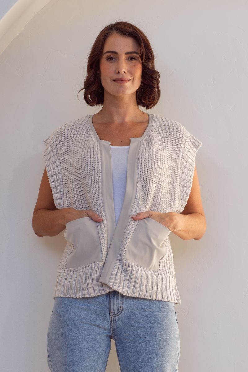 See Saw Woven Trim Knit Vest Stone