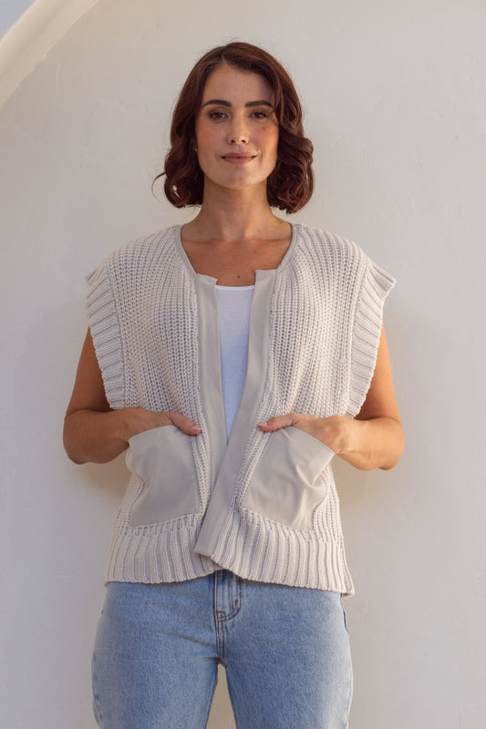 See Saw Woven Trim Knit Vest Stone