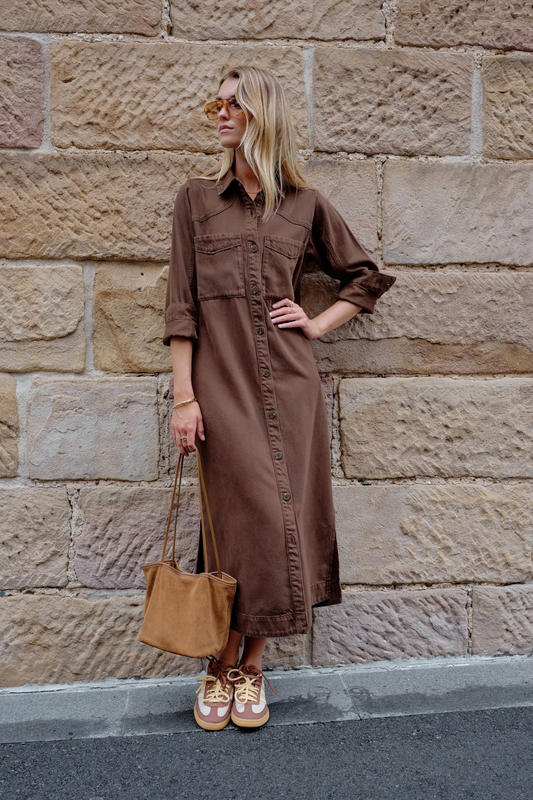 button‑through twill midi dress brown | Ceres Life
