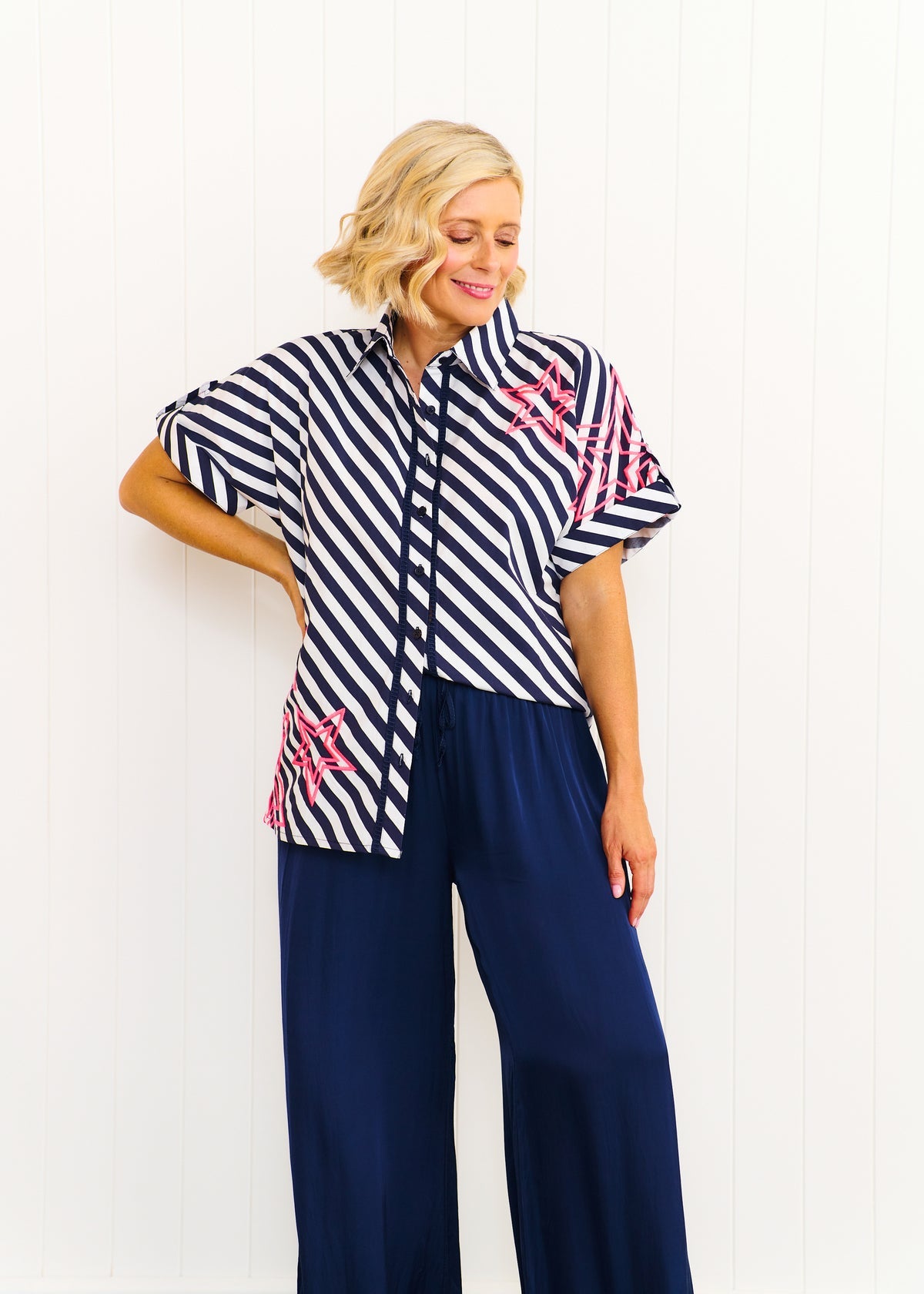 Liv and Milly Rosie Shirt Navy and White Stripe Pink Neon Star