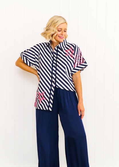 Liv and Milly Rosie Shirt Navy and White Stripe Pink Neon Star