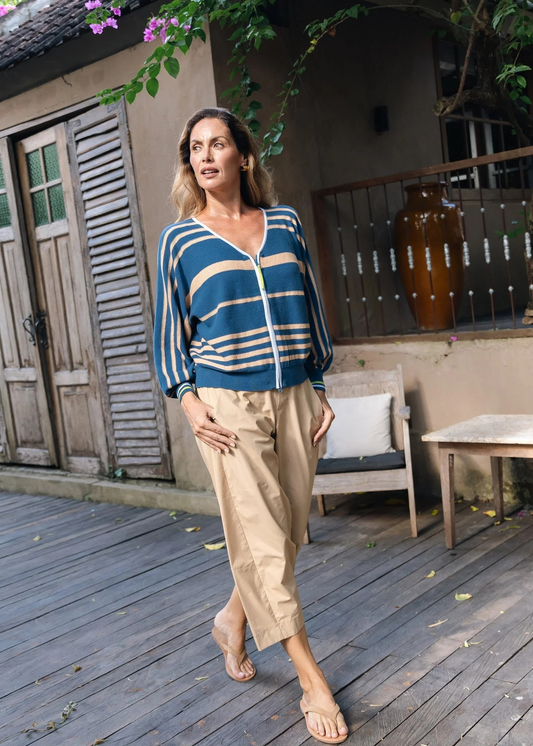 Zaket & Plover Statement Zip Cotton Stripe Cardi - Sea Blue/Camel Stripe