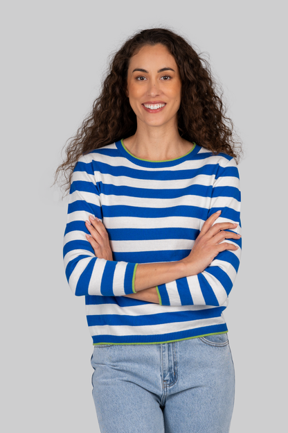 Kaleido Cotton/Cashmere Thin Sripe Crew Neck Sweater - Azure Blue/White