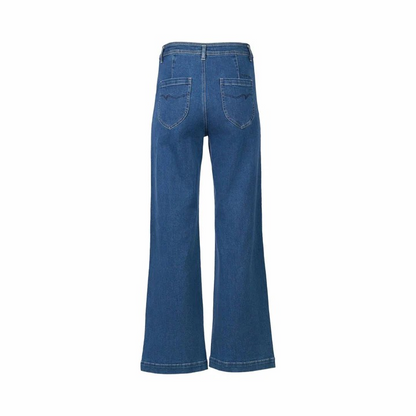 back of Vassalli Peace wide leg denim jeans