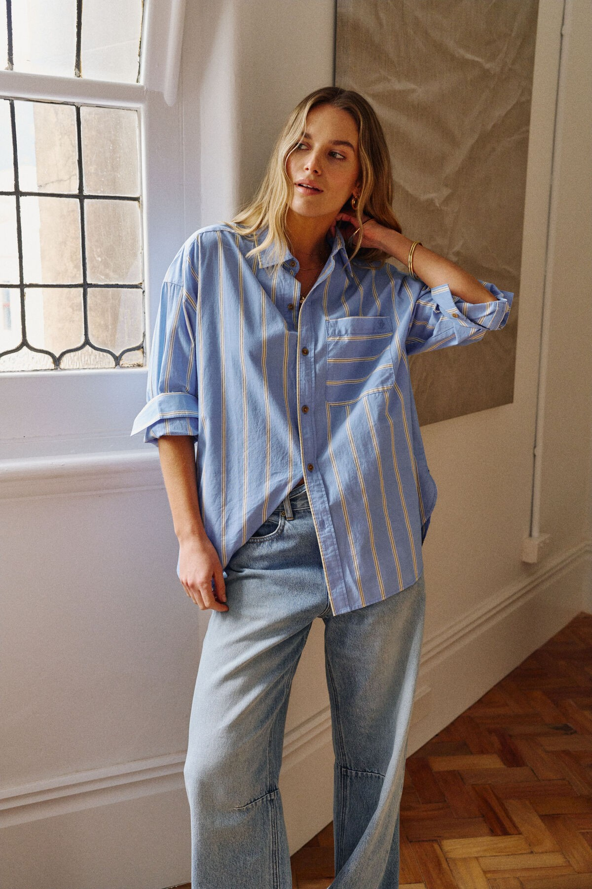Ceres Life Peta Oversized Shirt - Bay Blue/Butter Yellow
