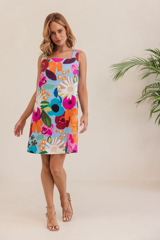 Kaleido 100% Linen Square Neck Shift Dress - Bloom Burst
