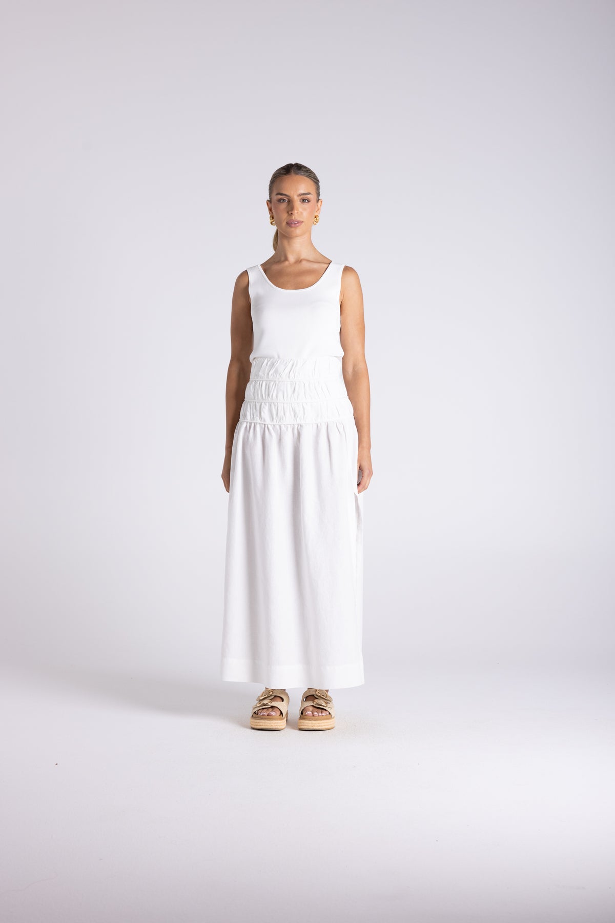 Two T's Gathered Midi Skirt - White