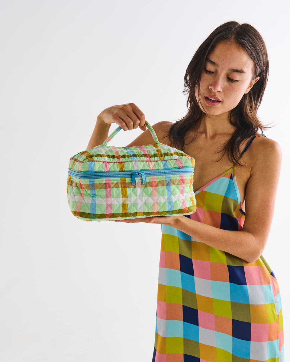 multicolour gingham quilted toiletry, cosmetic, travel case or bag