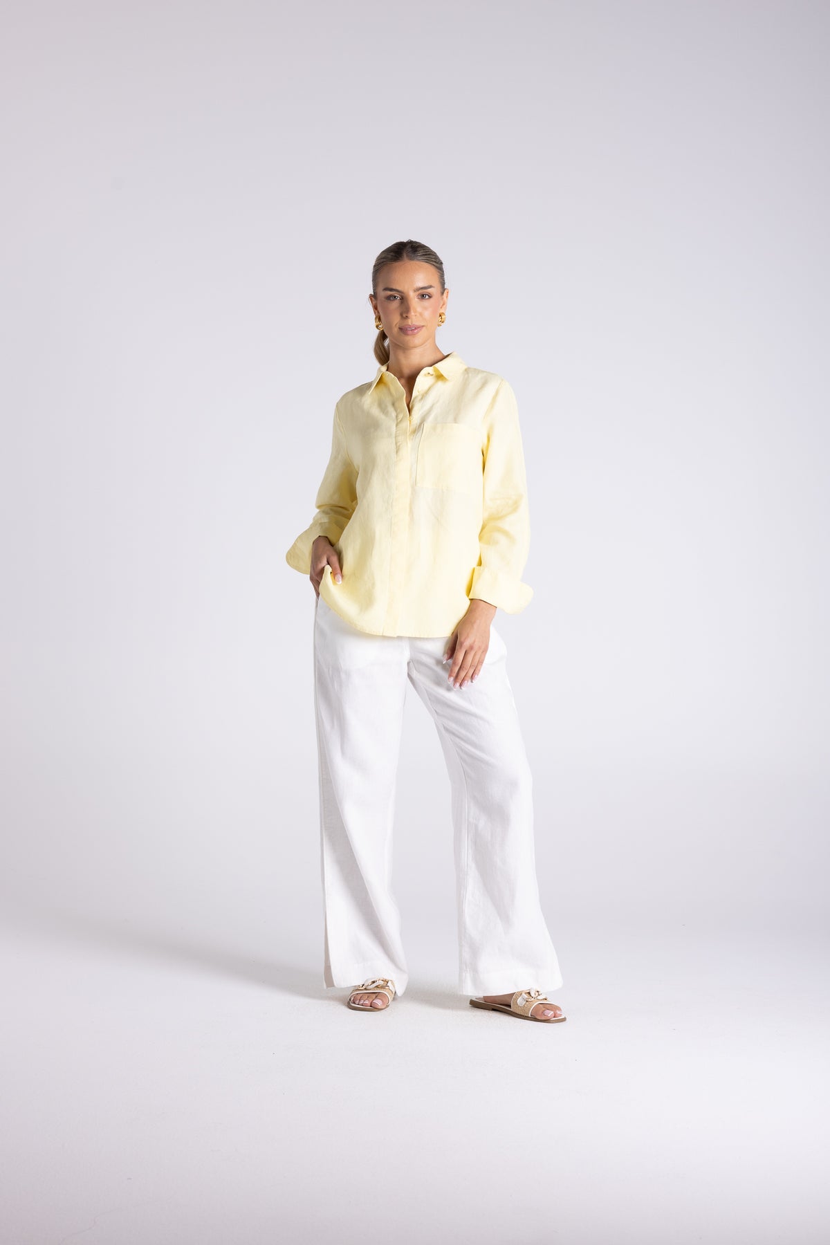 Two T's Sofia Shirt with Gold Button - Lemon Icing