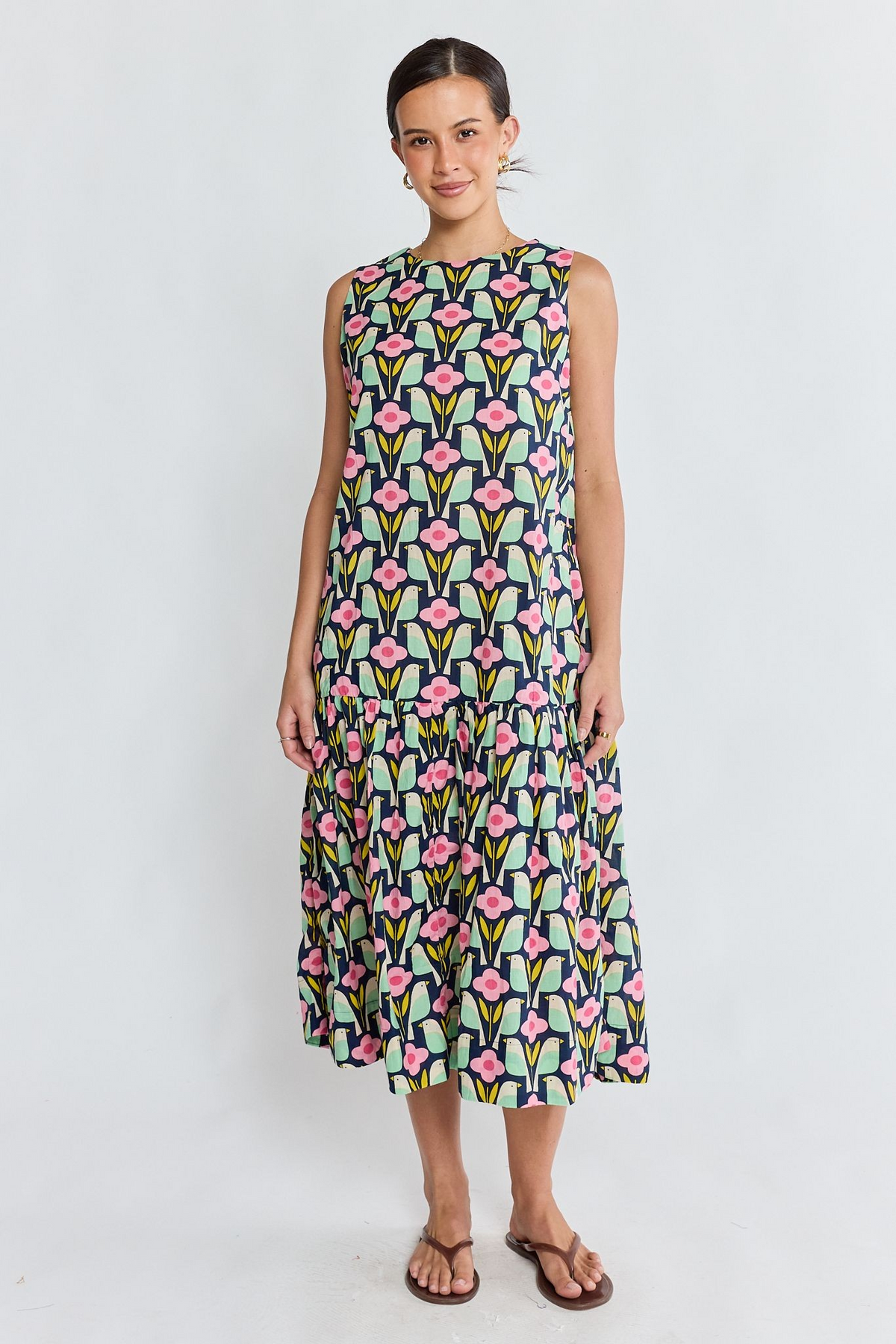 Relaxed Fit Navy Cotton Tiered Midi Dress | Sterling Belle