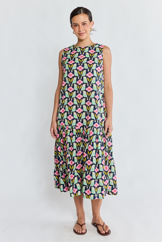 Relaxed Fit Navy Cotton Tiered Midi Dress | Sterling Belle