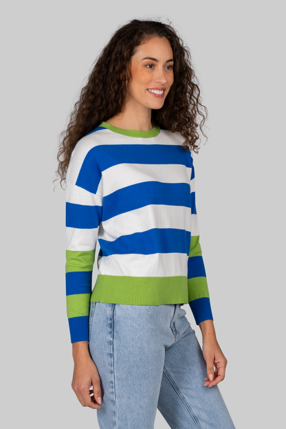 Kaleido Cotton/Cashmere Wide Stripe Crew Neck Sweater - Moss/White