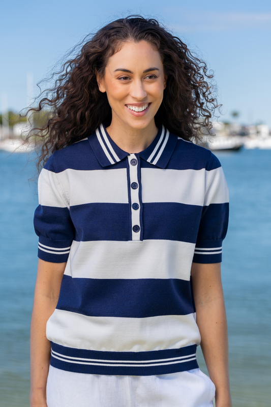 Kaleido Viscose Blend Collared Wide Stripe Polo Shirt White / Navy