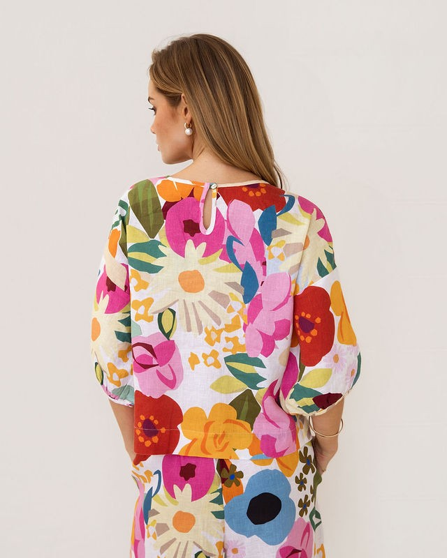 Kaleido 100% Linen Balloon Top - Bloom Burst