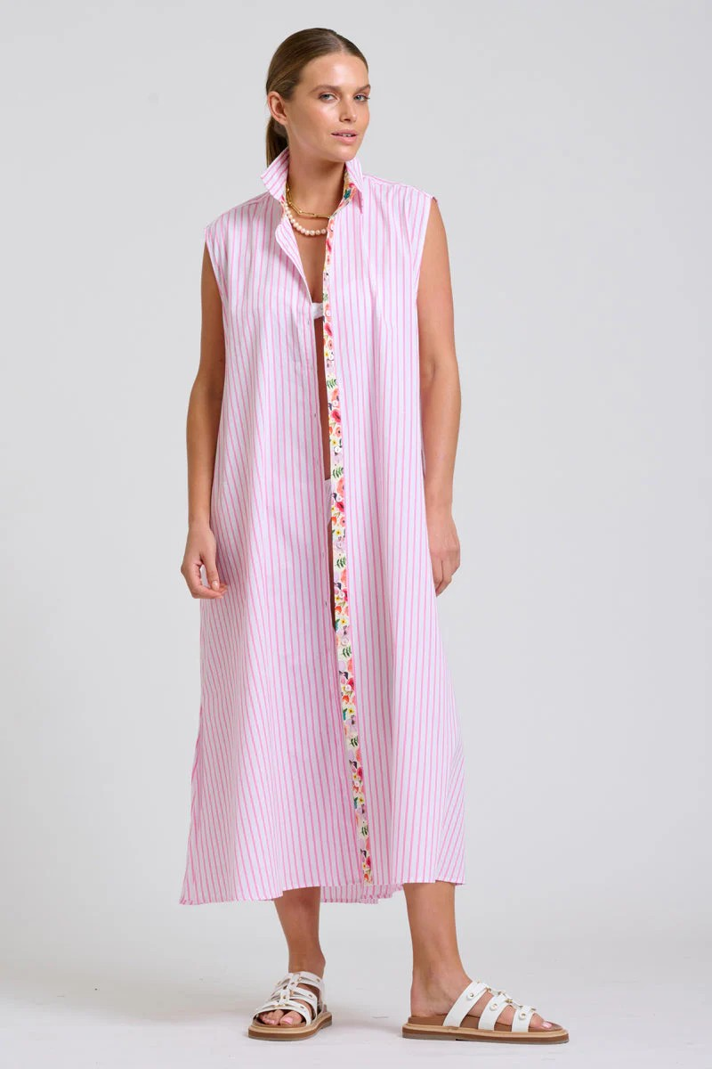 Shirty Sloane Oversized Sleeveless Shirt Dress - White with Pink Stripe Floral Trim