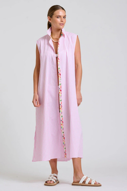 Shirty Sloane Oversized Sleeveless Shirt Dress - White with Pink Stripe Floral Trim