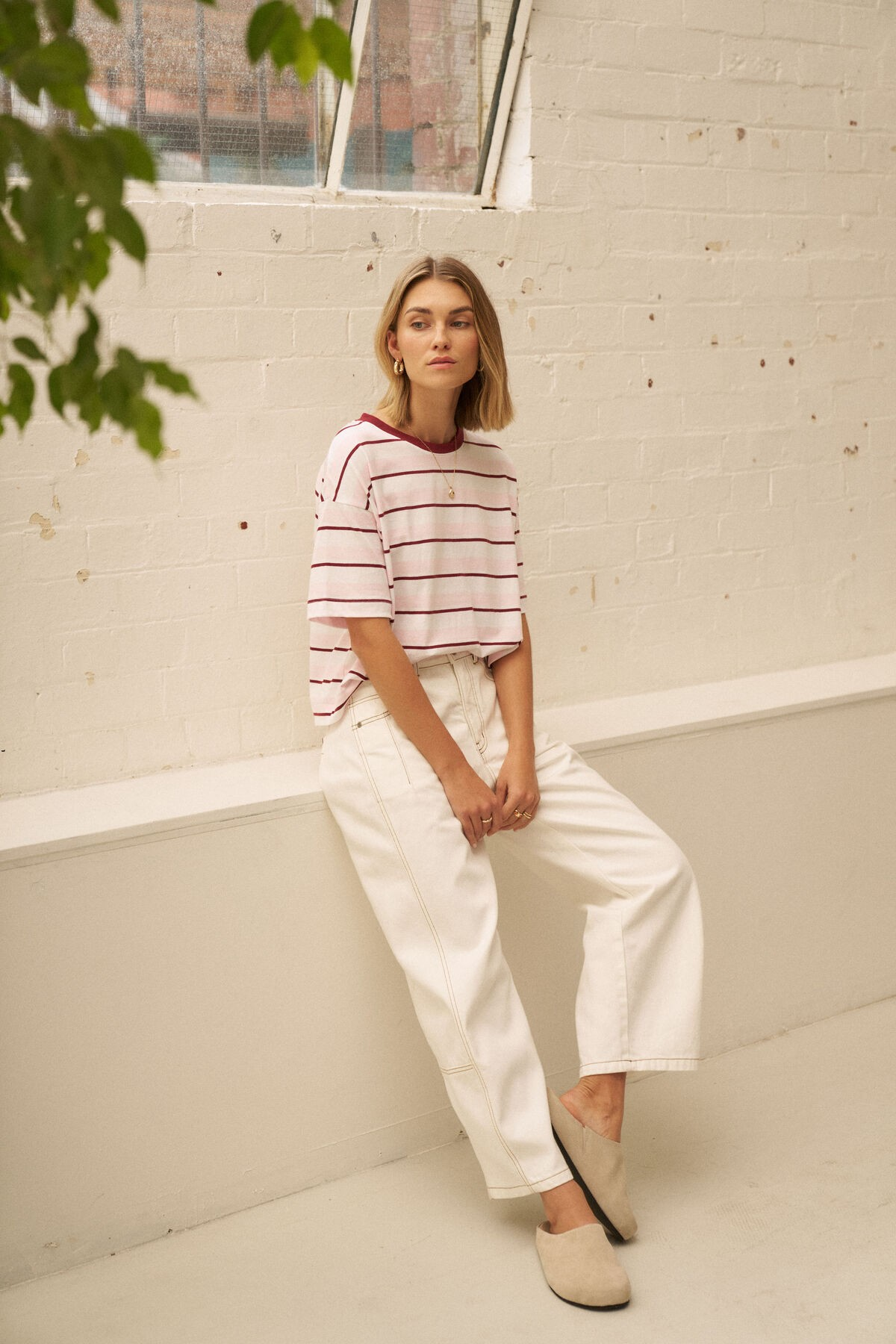 Ceres Life Brea Boxy Tee - Sunfaded Pink/Mulberry Stripe