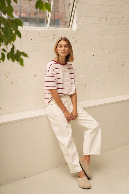 Ceres Life Brea Boxy Tee - Sunfaded Pink/Mulberry Stripe