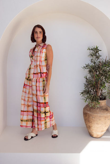 See Saw 100% Cotton Shirring Wide Leg Pant Sunset Check