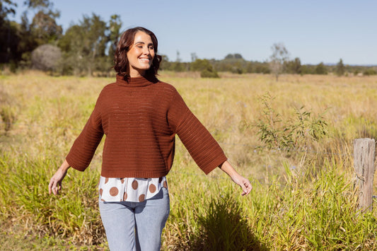 See Saw Australian Wool Blend 7/8 Sl Pointelle Knit Top Copper