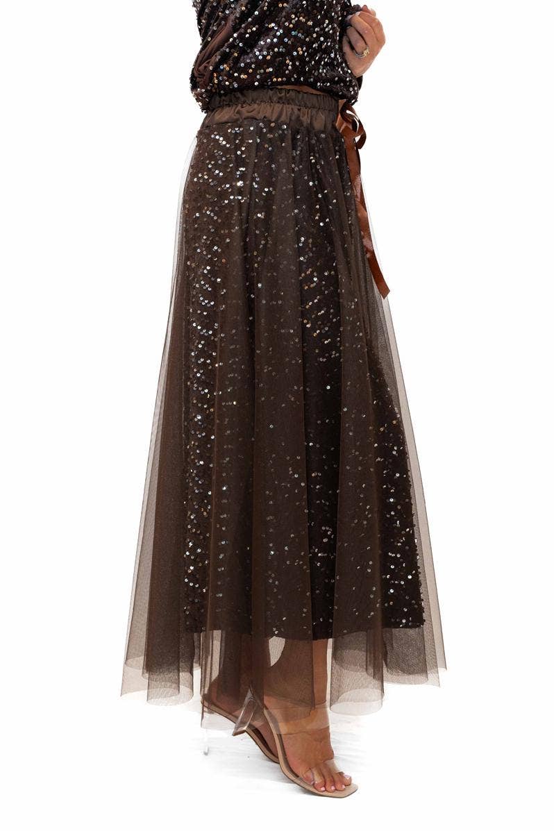 Trinny Skirt Chocolate- Sequin skirt with tulle overlay | Sterling Belle