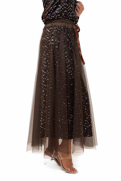 Trinny Skirt Chocolate- Sequin skirt with tulle overlay | Sterling Belle
