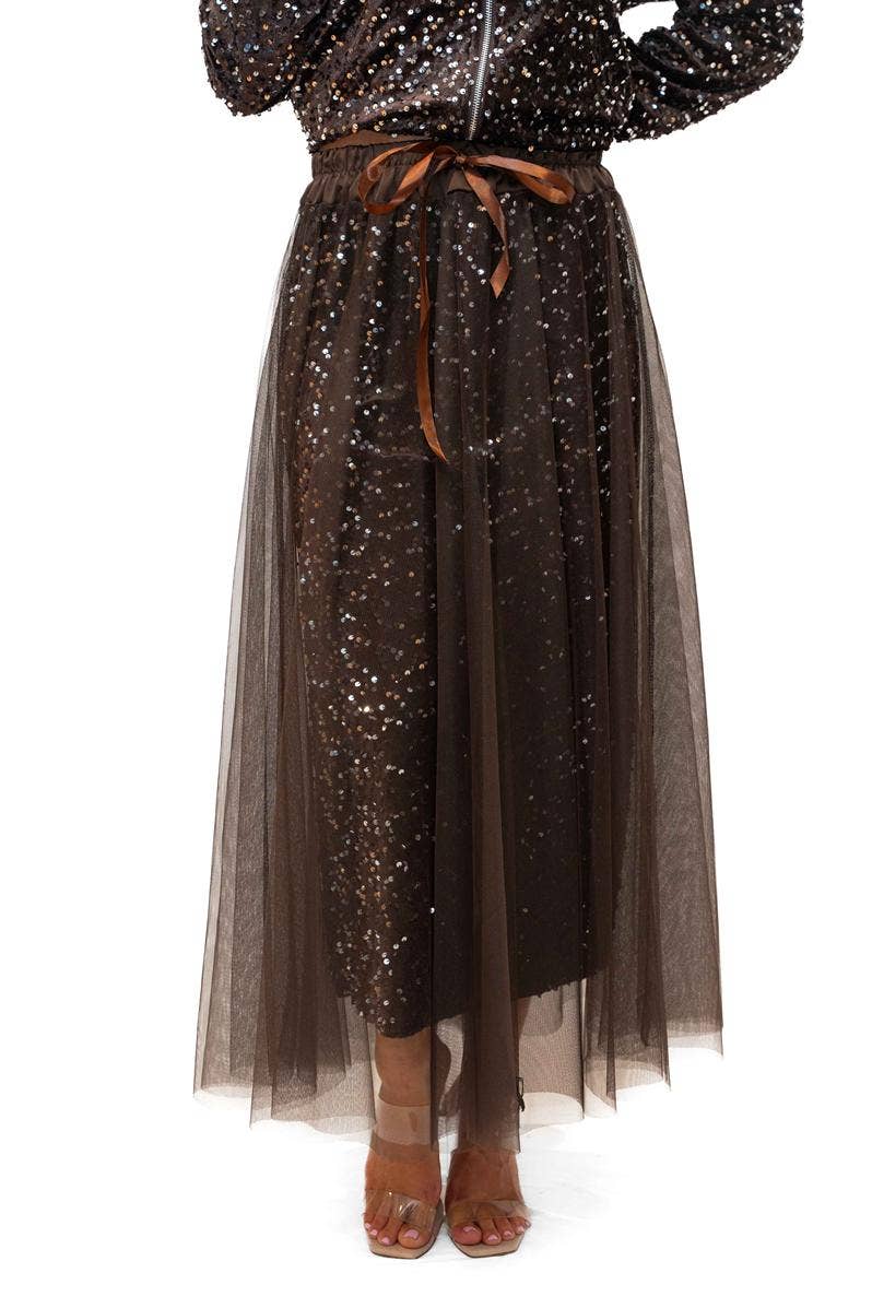 Trinny Skirt Chocolate- Sequin skirt with tulle overlay | Sterling Belle