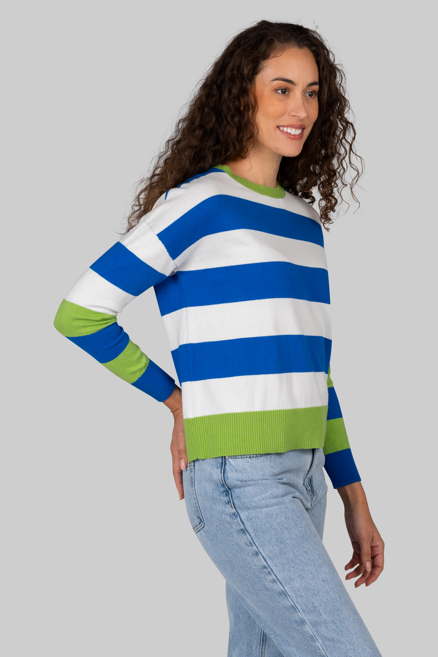 Kaleido Cotton/Cashmere Wide Stripe Crew Neck Sweater - Moss/White