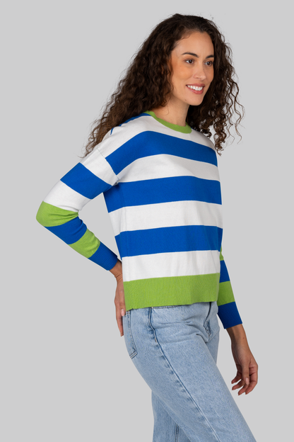 Kaleido Cotton/Cashmere Wide Stripe Crew Neck Sweater - Moss/White