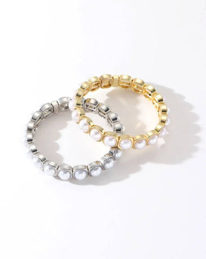 Stackable enamel bracelets with gold and silver with pearl accents