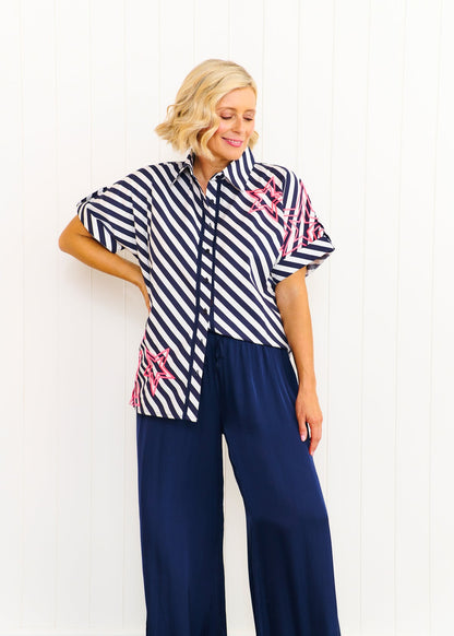 Liv and Milly Rosie Shirt Navy and White Stripe Pink Neon Star