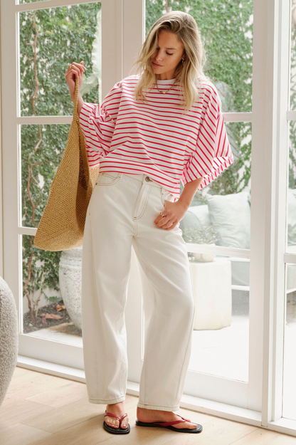 Ceres Life Lucy Relaxed Sleeve Tee - White/ Heritage Red Stripe