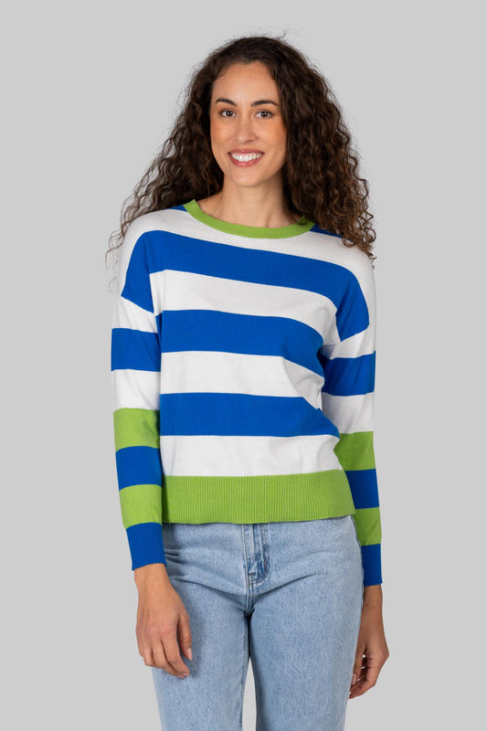 Kaleido Cotton/Cashmere Wide Stripe Crew Neck Sweater - Moss/White