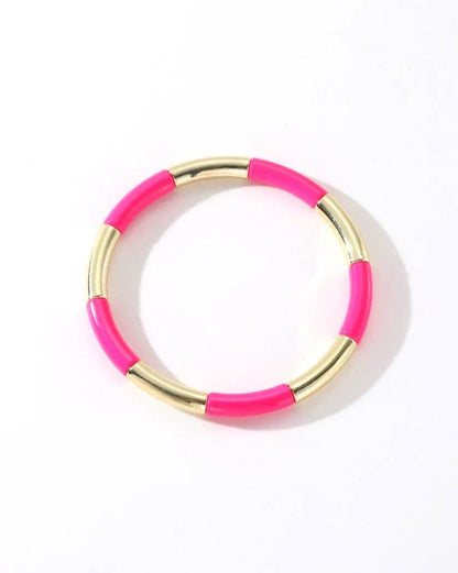 Colourful Enamel Stacking Bracelet Collection in Gold & Silver: Gold Tubey Hot Pink