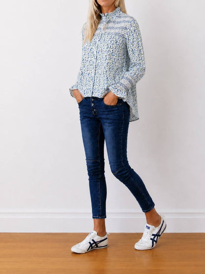 Who's Charlie Evie Floral Cotton Cambric Shirt- Blue Floral