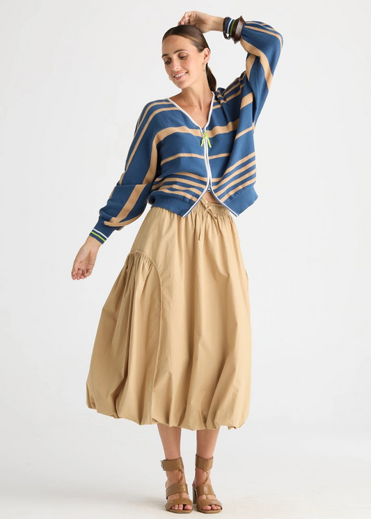 Zaket & Plover Statement Zip Cotton Stripe Cardi - Sea Blue/Camel Stripe