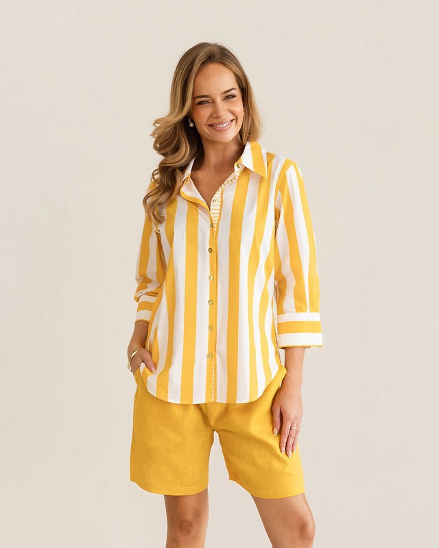 Kaleido 100% Cotton 3/4 Sleeve Classic Shirt - Mango Block Stripe