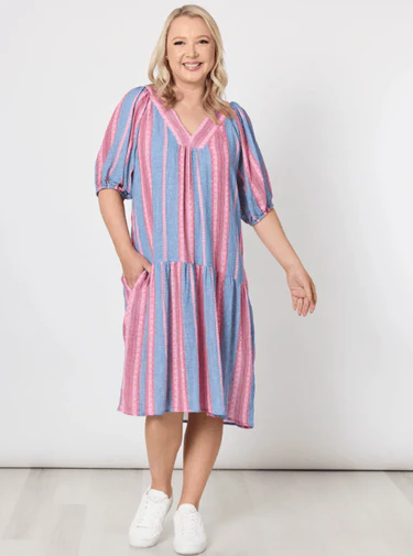 Threadz Bloom Stripe Dress Indigo Pink
