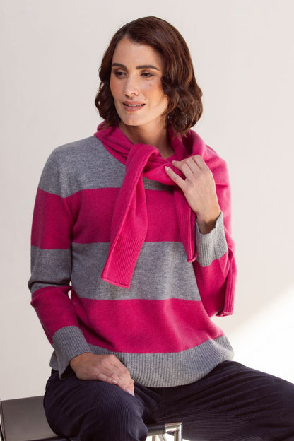 See Saw 100% Merino Wool (Cashfeek_) Wide Stripe Sweater Pink/ Grey