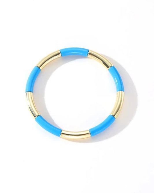 Colourful Enamel Stacking Bracelet Collection in Gold & Silver: Gold Tubey Blue