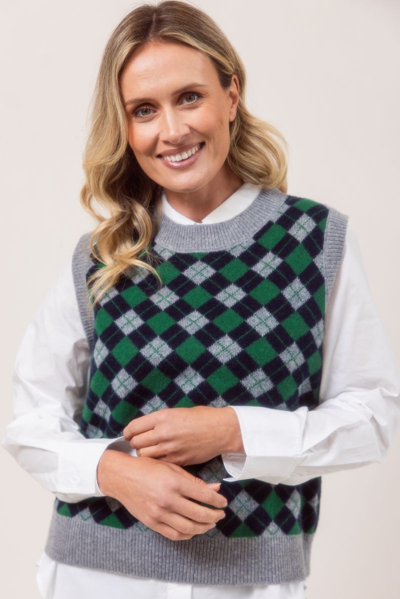 See Saw 100% Merino Wool Argyle Vest Silver Navy Green