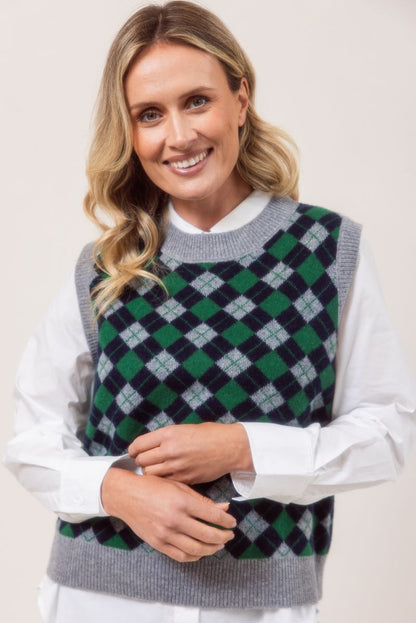 See Saw 100% Merino Wool Argyle Vest Silver Navy Green