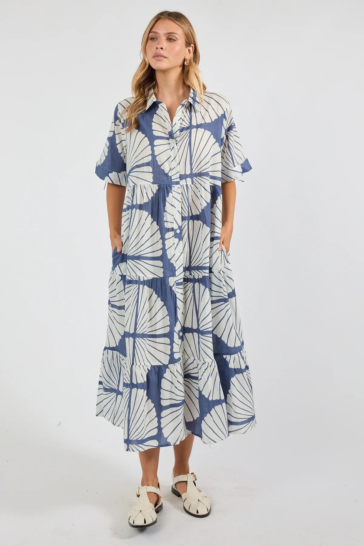 Ibisa Women's Relaxed Fit Tiered Button Through Shirt Dress