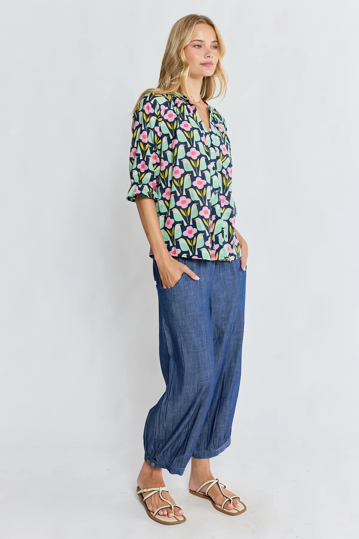 Cotton Navy Button Front Blouse with Ruffle Sleeves | Sterling Belle