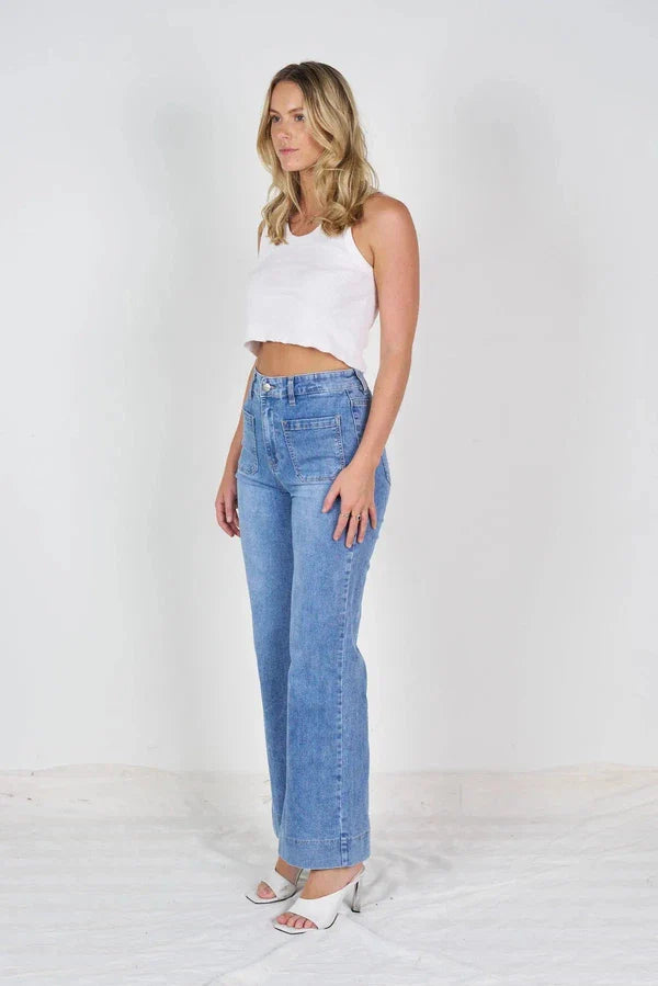 Wakee Denim 7144 Front Patch Pocket Mid Blue