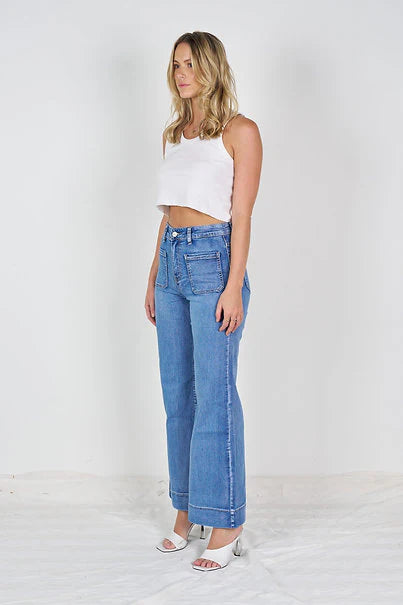 Wakee Denim 7144 Front Patch Pocket Mid Blue